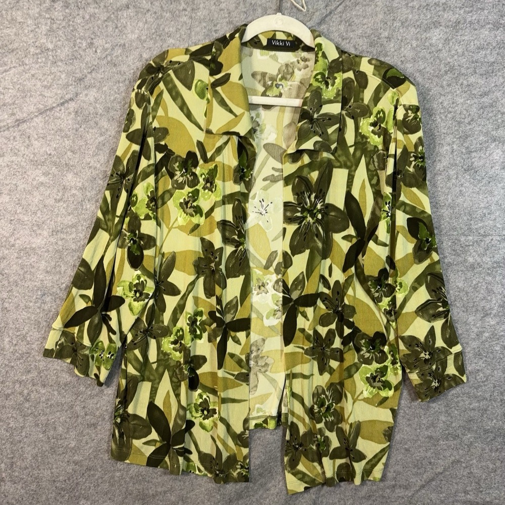 Vikki Vi Cardigan Top Womens 2X Green Floral Slinky Stretch Casual Career
